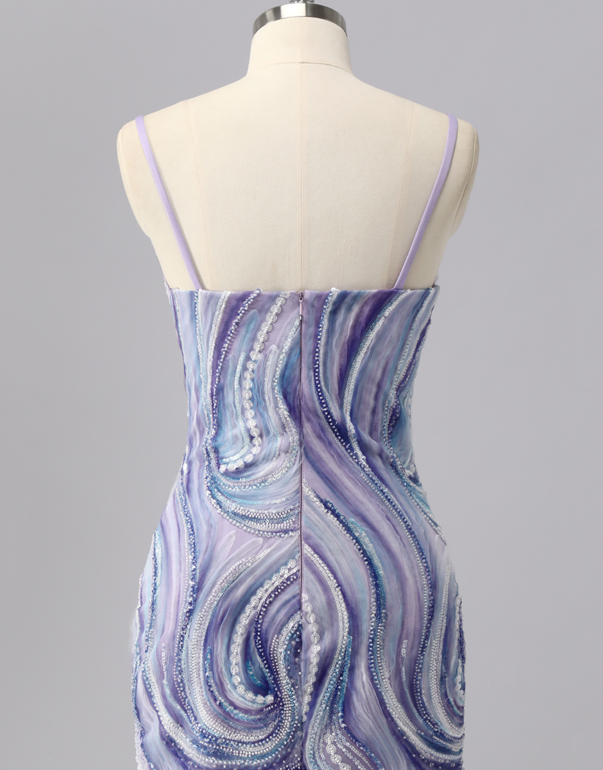 Sparkly Lilac Spaghetti Straps Tight Short Homecoming Dress with Beading