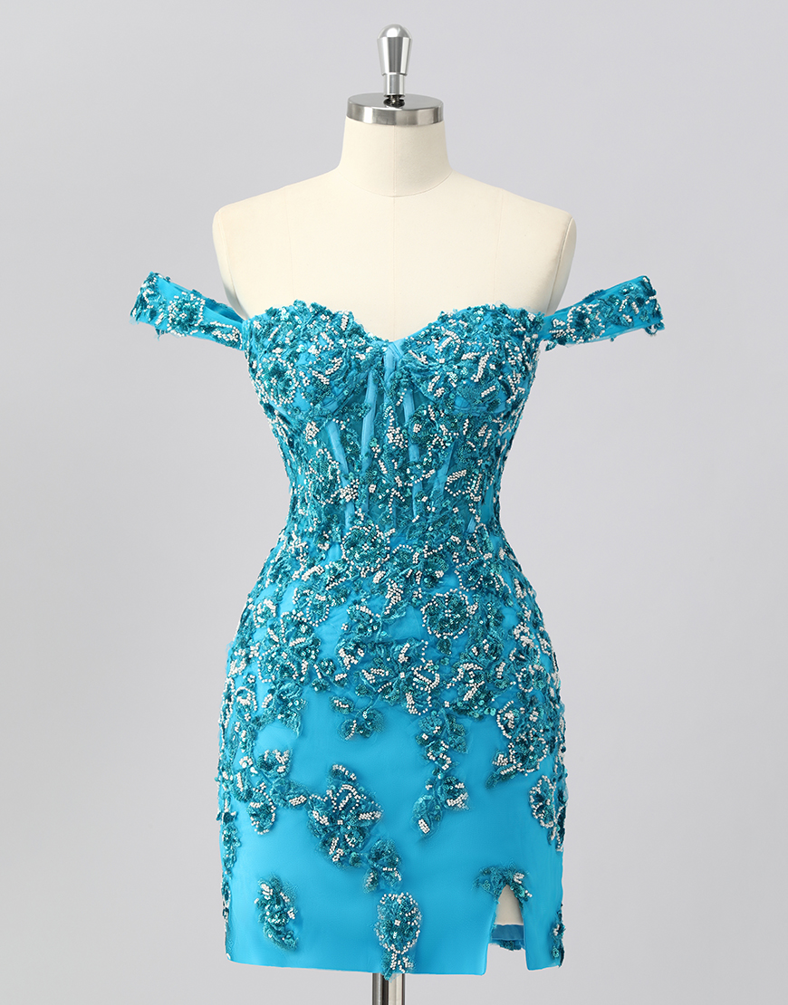 Sparkly Blue Short Corset Off the Shoulder Homecoming Dress with Beading