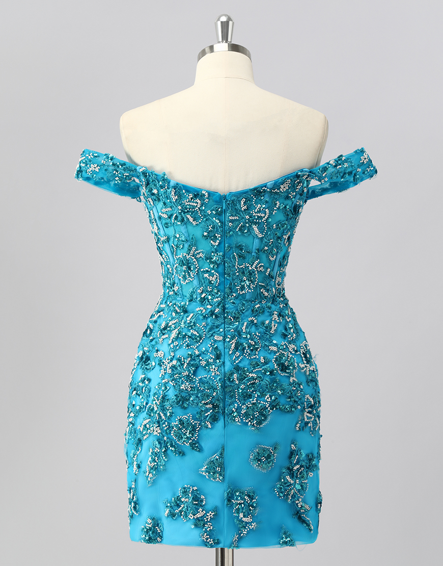 Sparkly Blue Short Corset Off the Shoulder Homecoming Dress with Beading