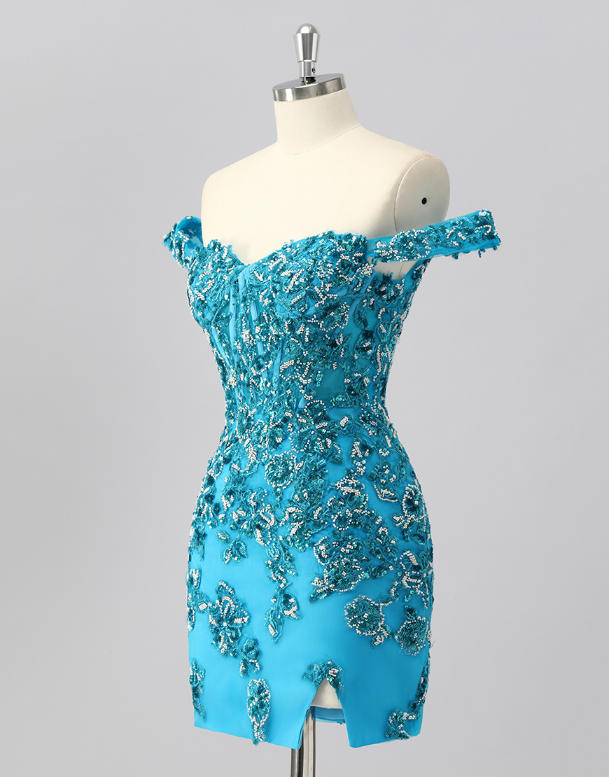 Sparkly Blue Short Corset Off the Shoulder Homecoming Dress with Beading