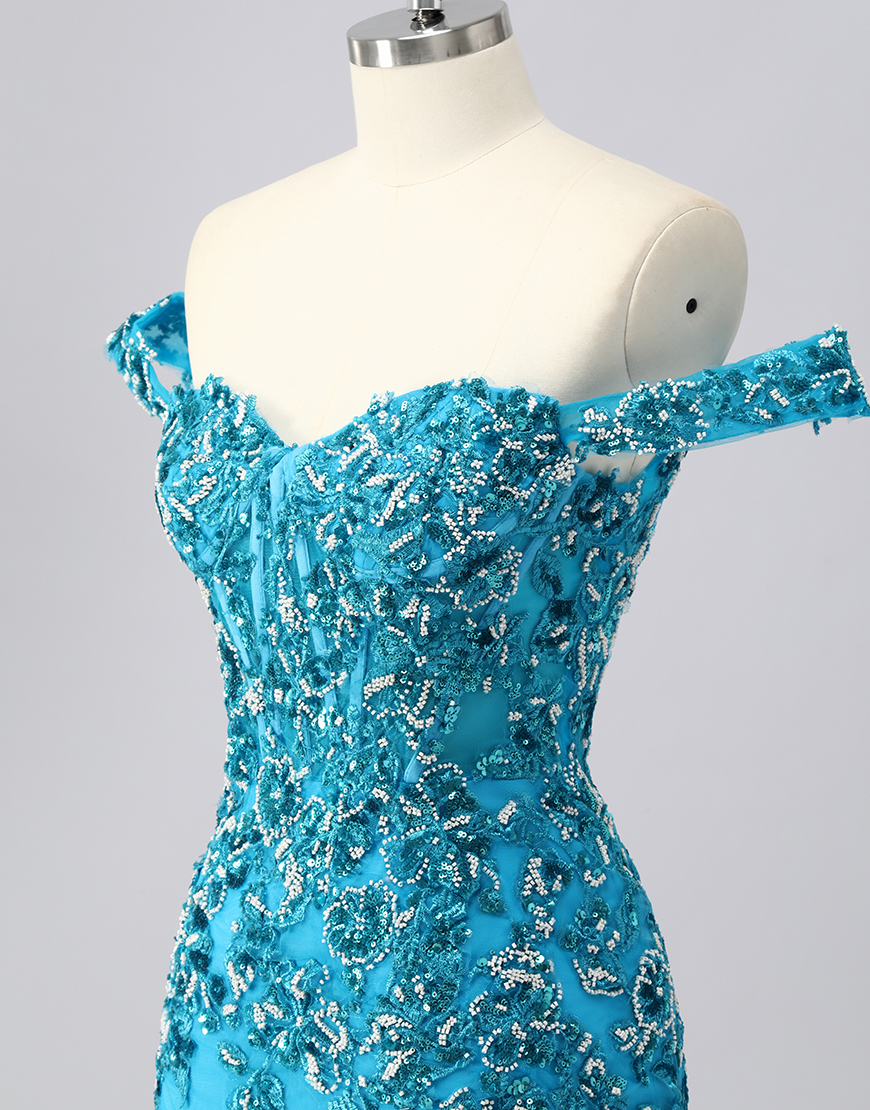 Sparkly Blue Short Corset Off the Shoulder Homecoming Dress with Beading