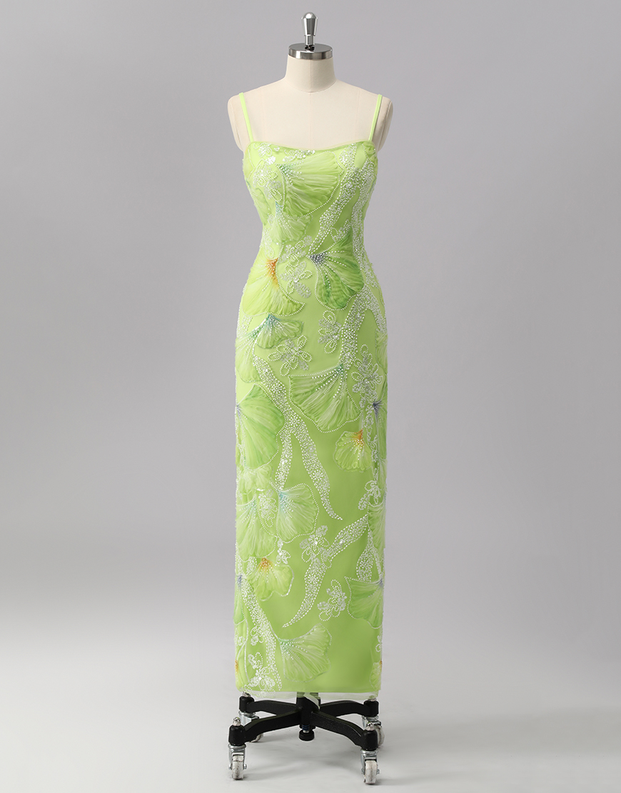 Sparkly Green Sheath Long Beaded Prom Dress with Slit