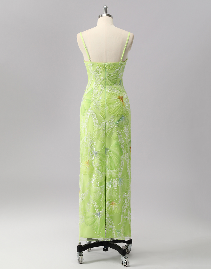 Sparkly Green Sheath Long Beaded Prom Dress with Slit