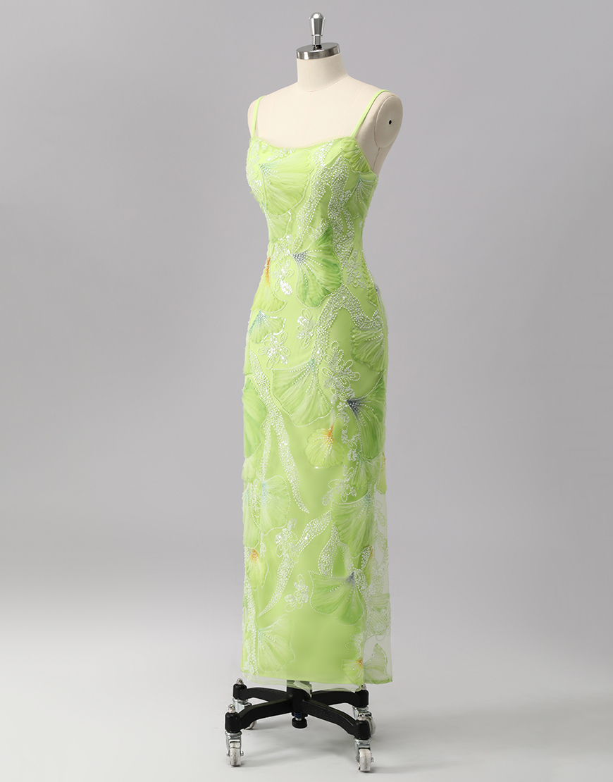 Sparkly Green Sheath Long Beaded Prom Dress with Slit