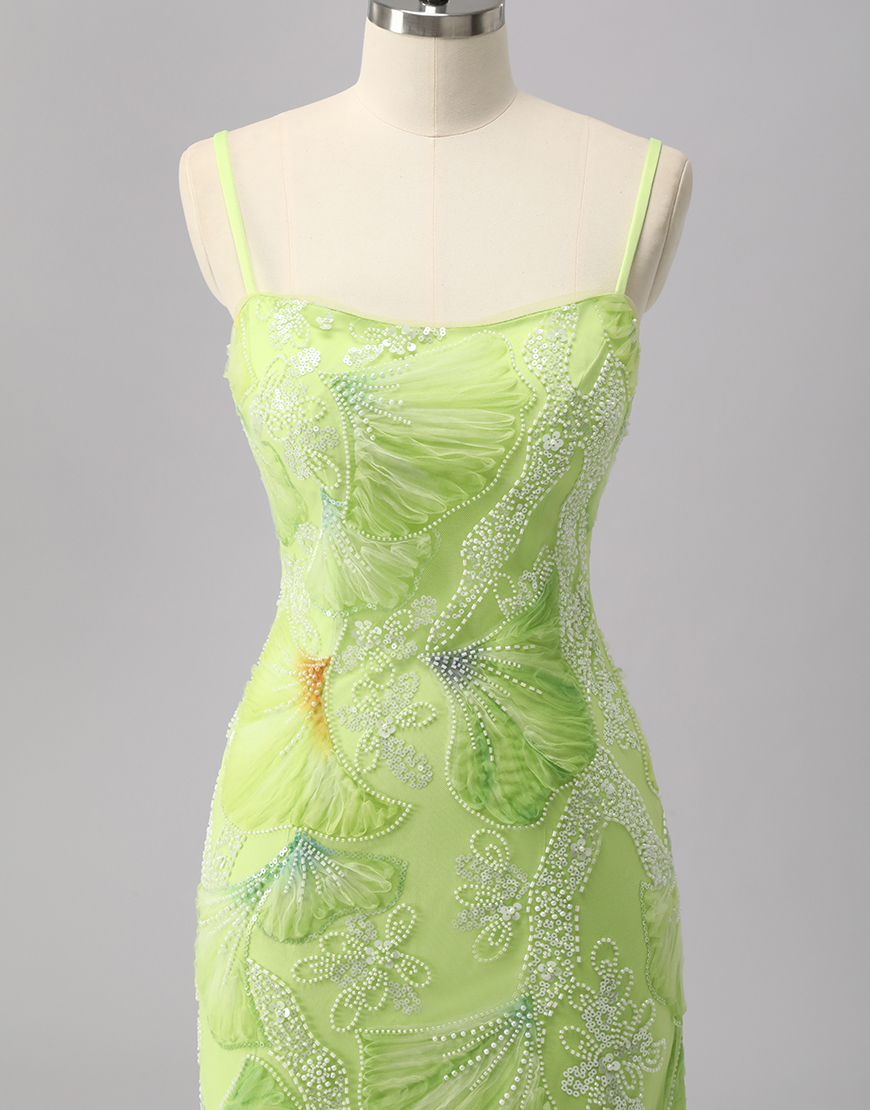 Sparkly Green Sheath Long Beaded Prom Dress with Slit