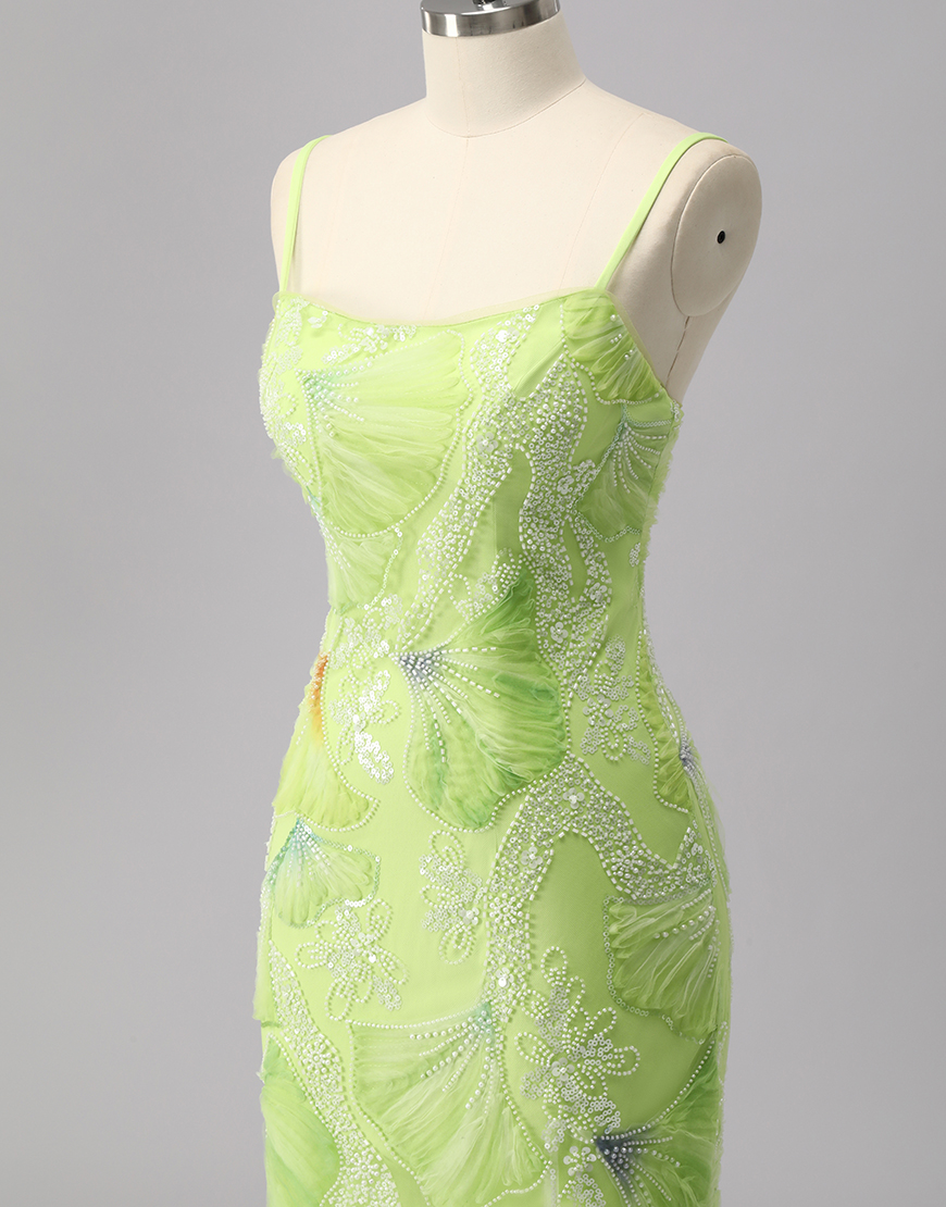 Sparkly Green Sheath Long Beaded Prom Dress with Slit