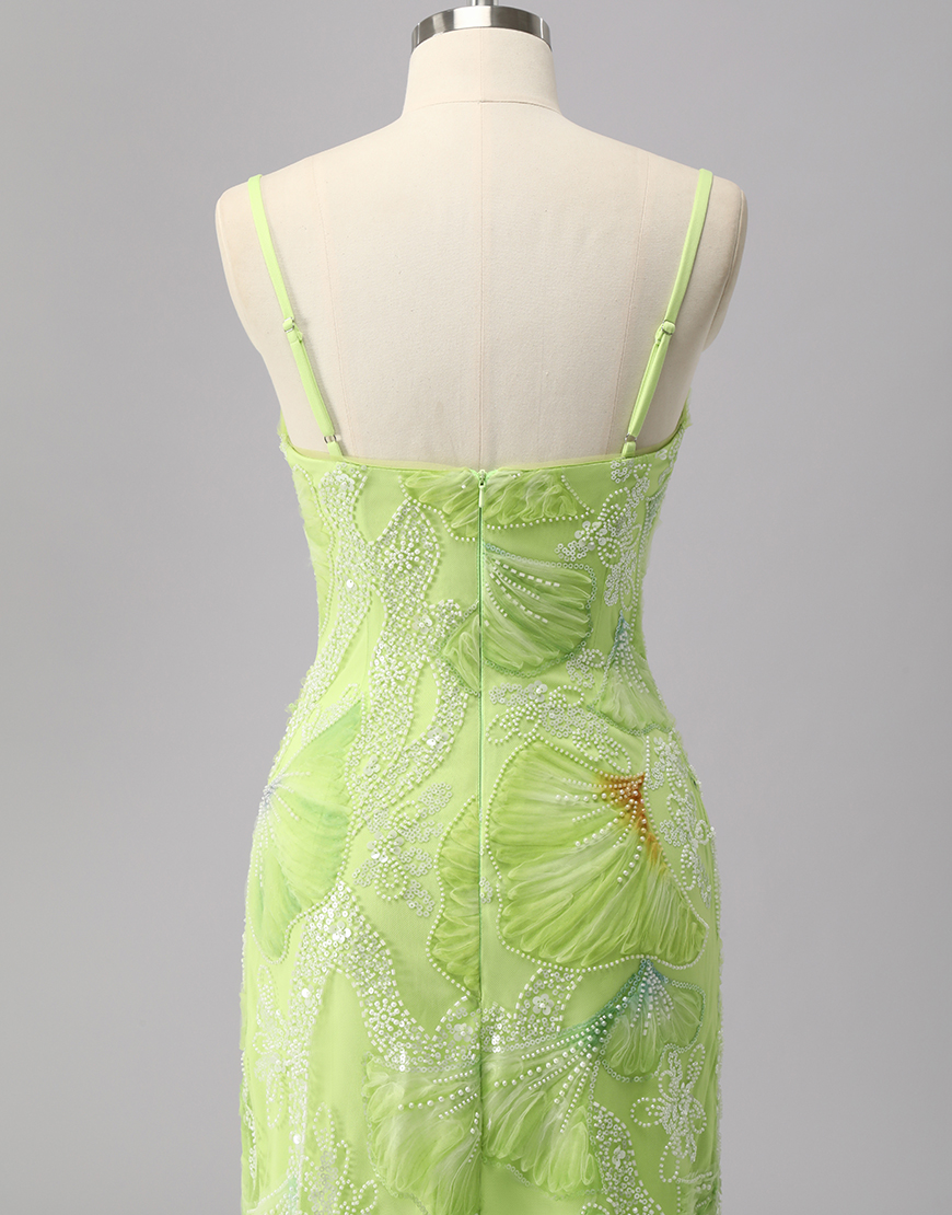 Sparkly Green Sheath Long Beaded Prom Dress with Slit