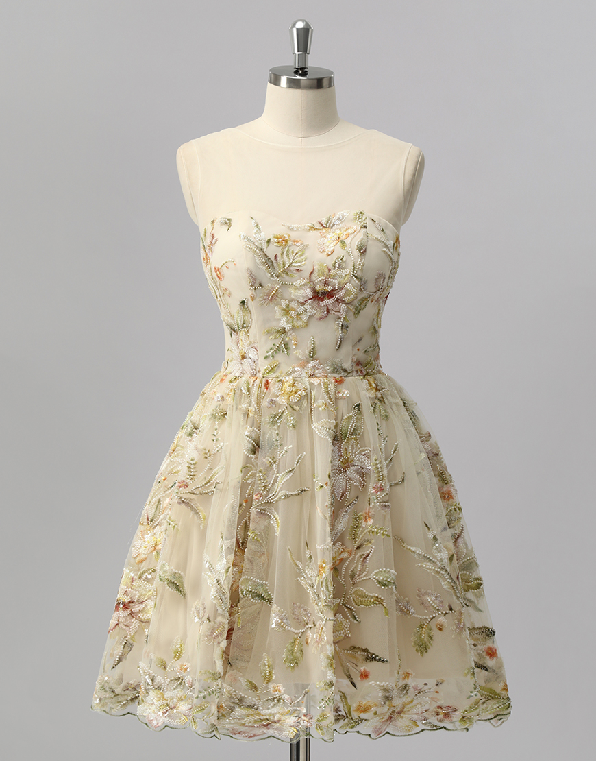 Sparkly Apricot Floral Short A Line Homecoming Dress with Beading