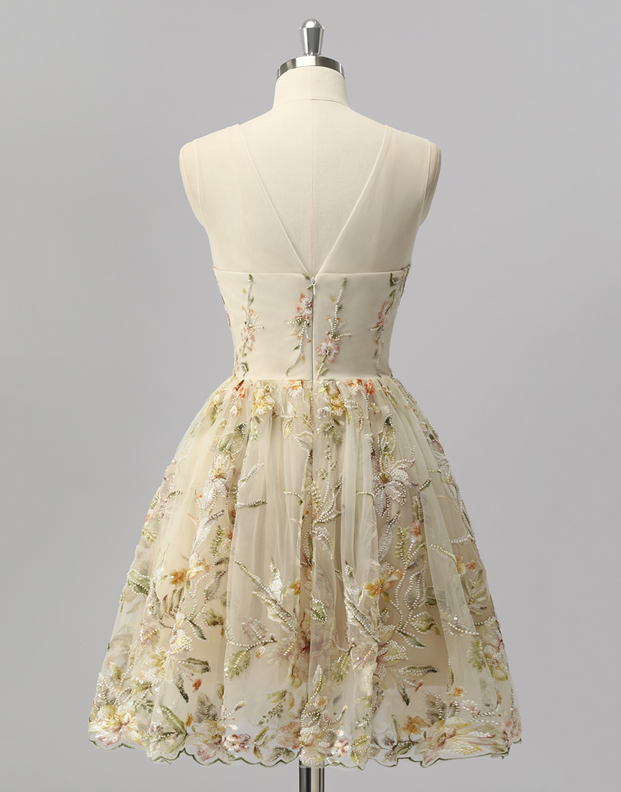 Sparkly Apricot Floral Short A Line Homecoming Dress with Beading