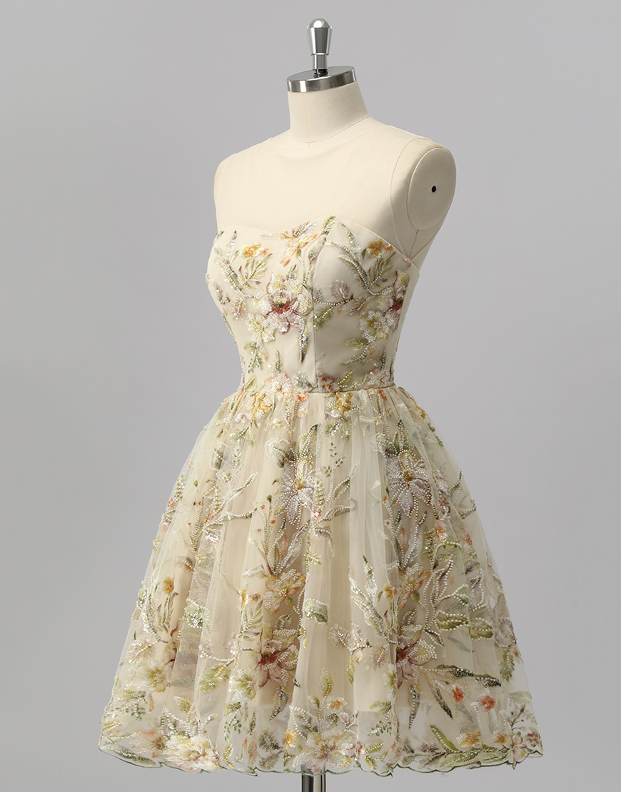 Sparkly Apricot Floral Short A Line Homecoming Dress with Beading