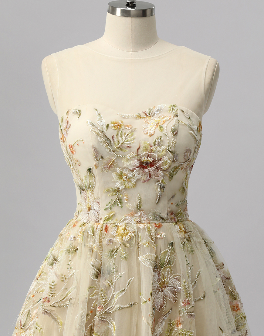 Sparkly Apricot Floral Short A Line Homecoming Dress with Beading