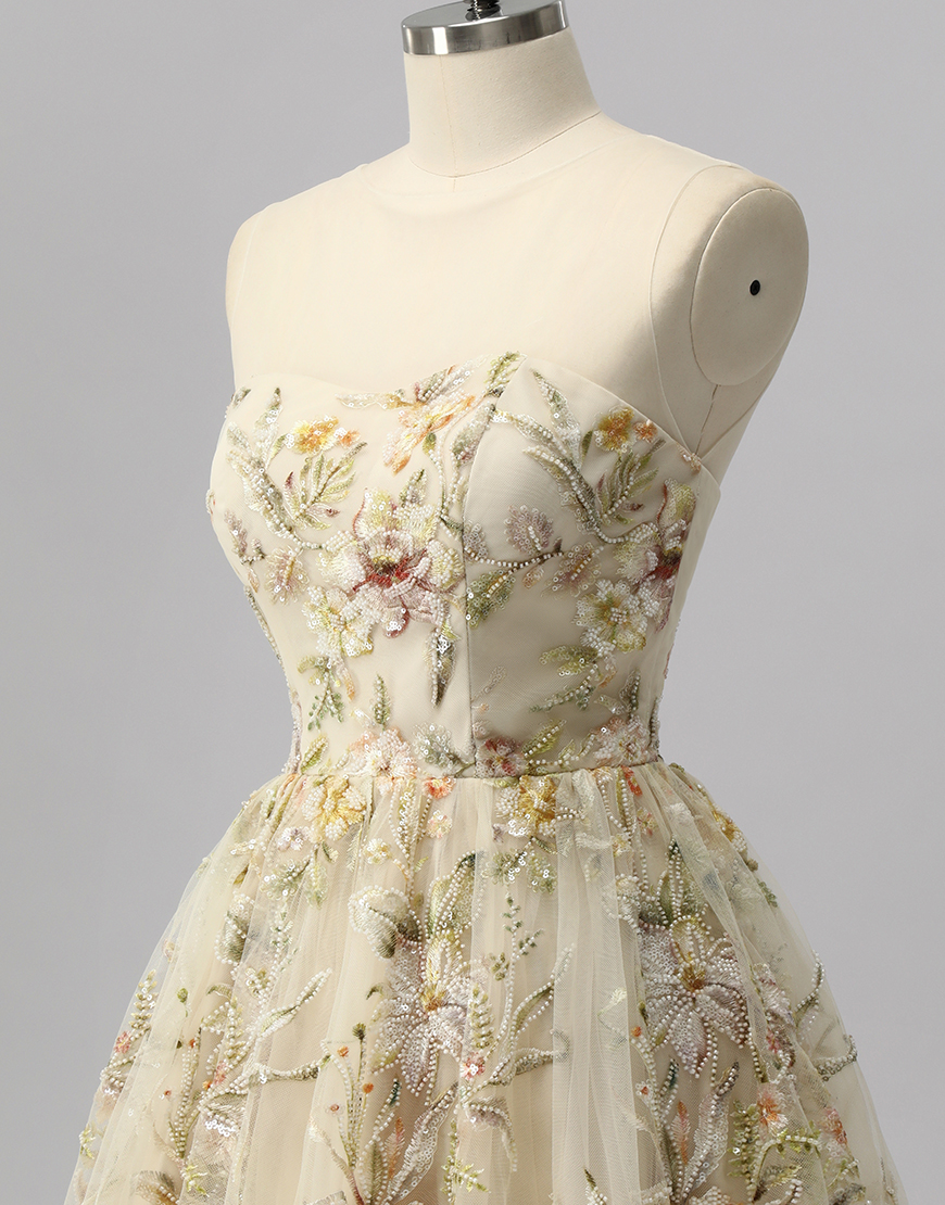 Sparkly Apricot Floral Short A Line Homecoming Dress with Beading