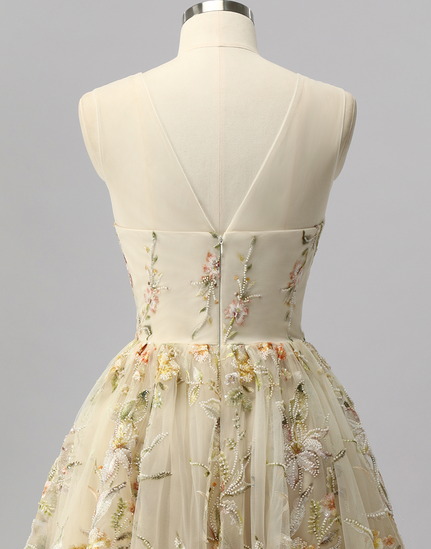 Sparkly Apricot Floral Short A Line Homecoming Dress with Beading