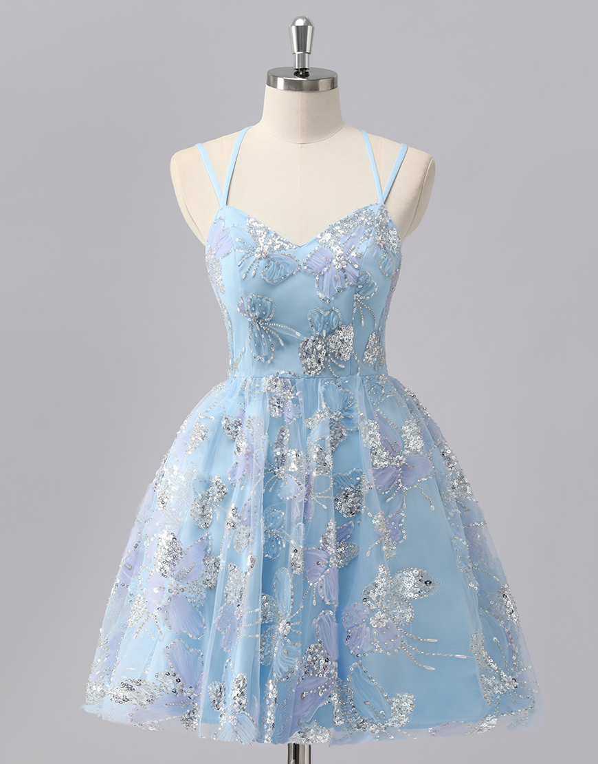 Sparkly Blue Spaghetti Straps Short Homecoming Dress with Sequins