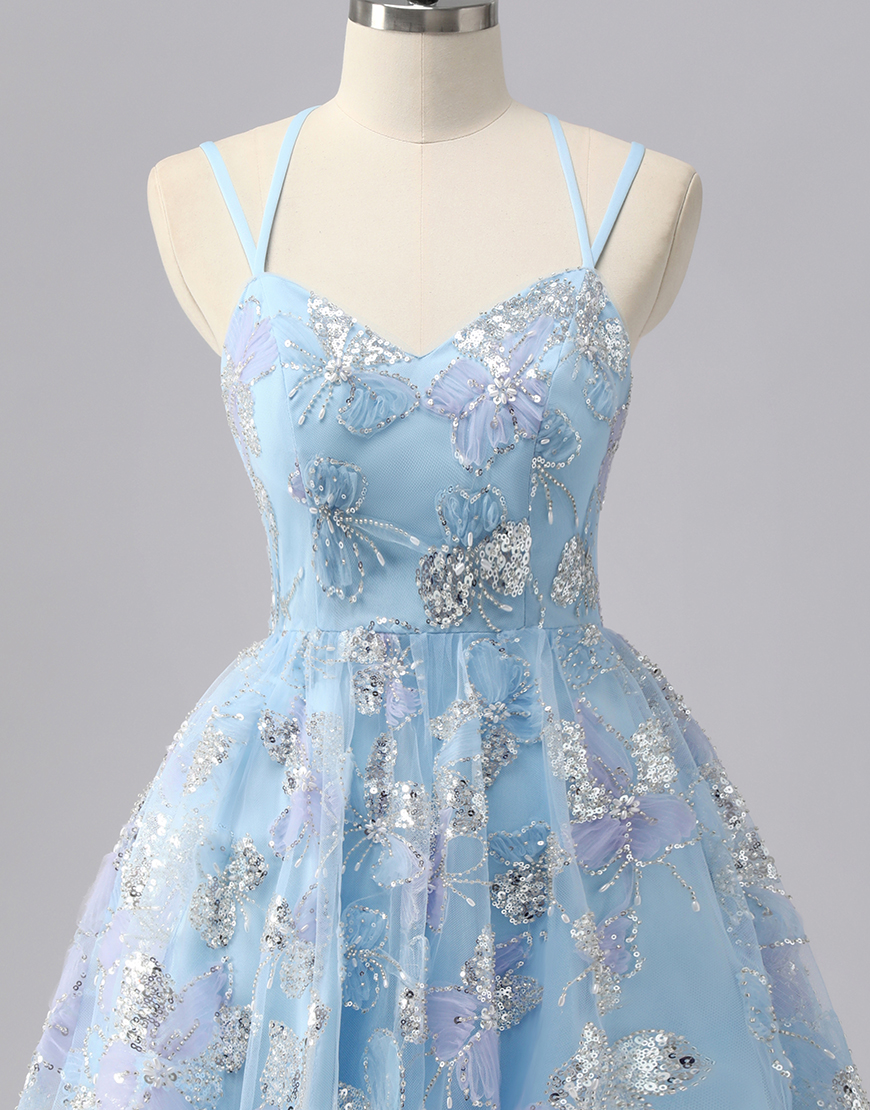Sparkly Blue Spaghetti Straps Short Homecoming Dress with Sequins
