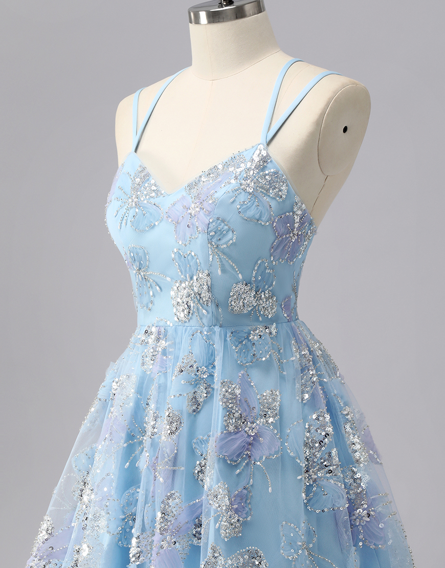 Sparkly Blue Spaghetti Straps Short Homecoming Dress with Sequins