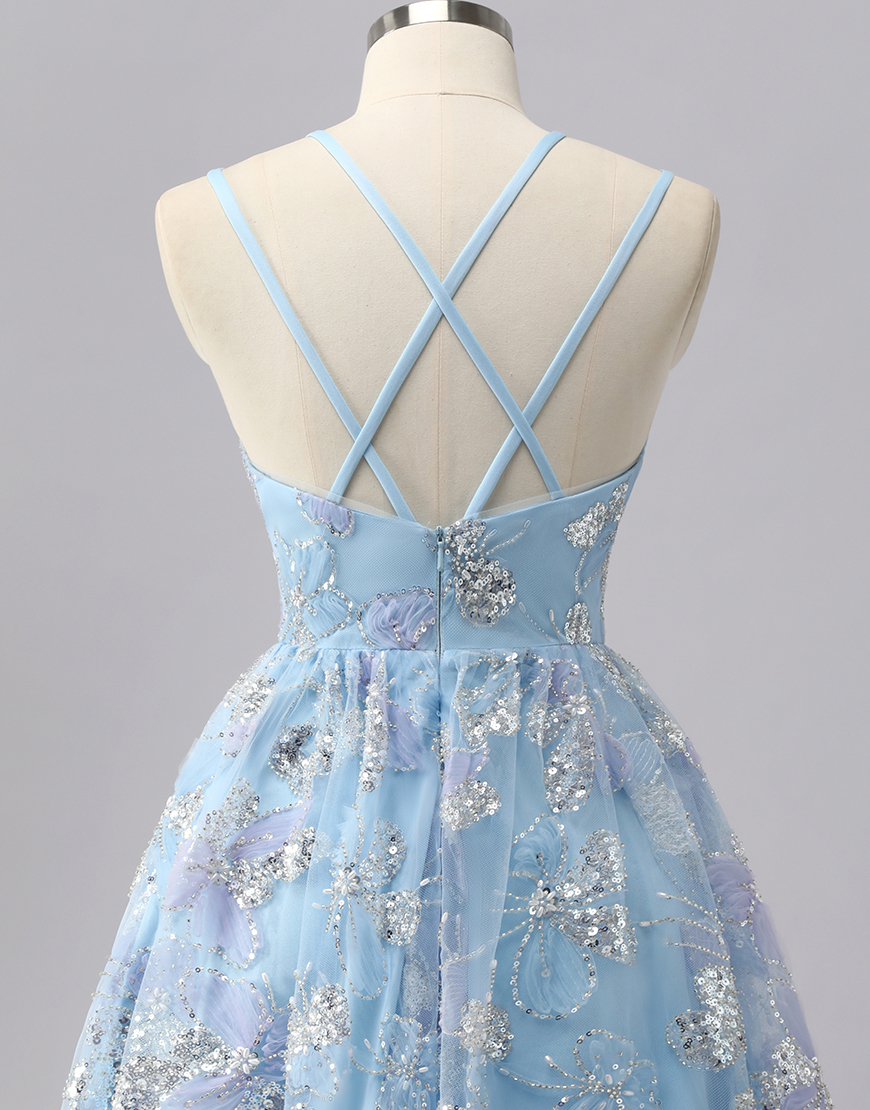 Sparkly Blue Spaghetti Straps Short Homecoming Dress with Sequins