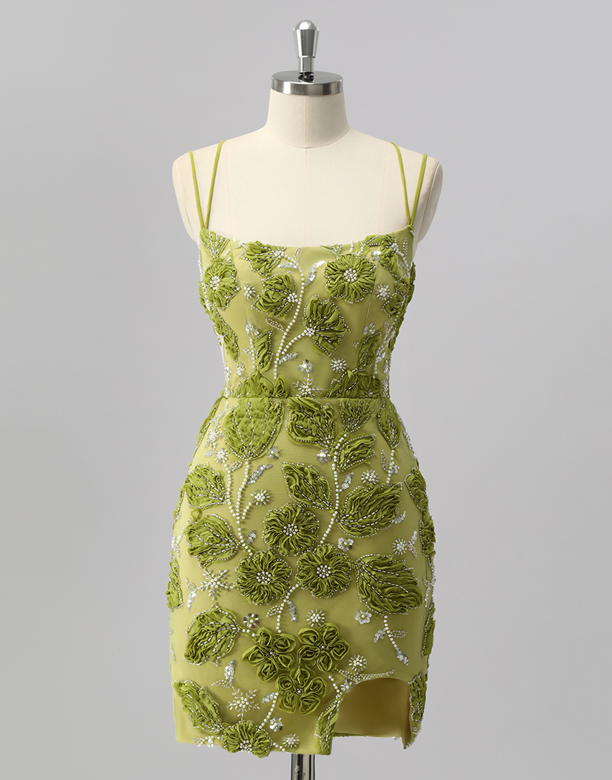 Sparkly Green Short Cut Out Tight Floral Homecoming Dress with Beading