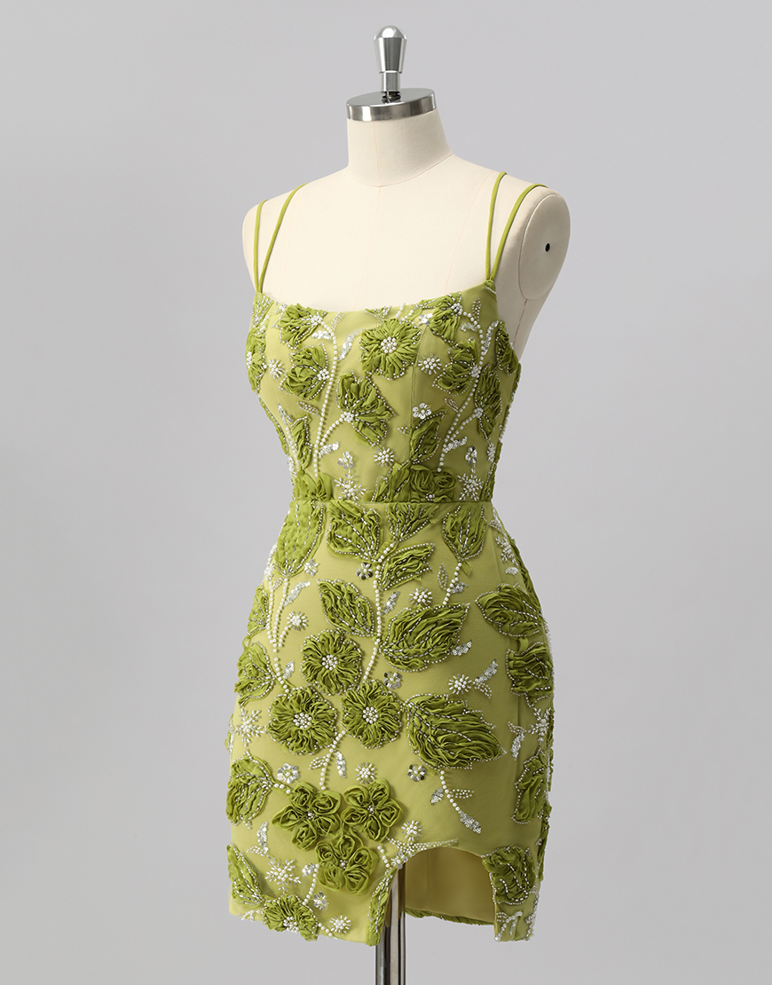 Sparkly Green Short Cut Out Tight Floral Homecoming Dress with Beading