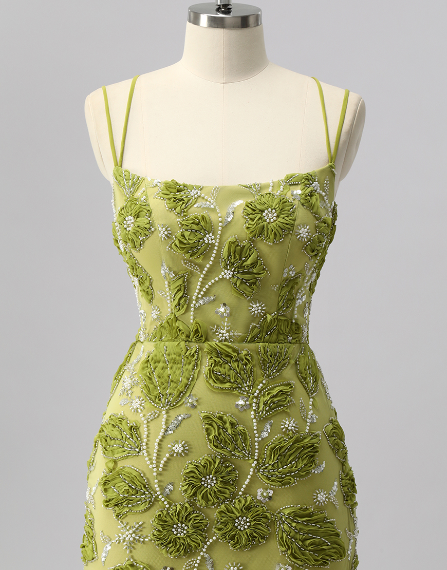 Sparkly Green Short Cut Out Tight Floral Homecoming Dress with Beading