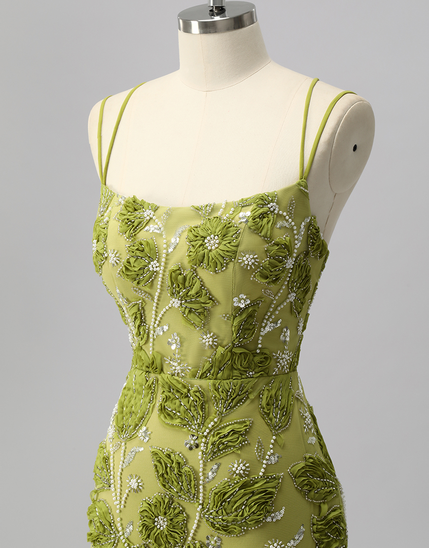 Sparkly Green Short Cut Out Tight Floral Homecoming Dress with Beading