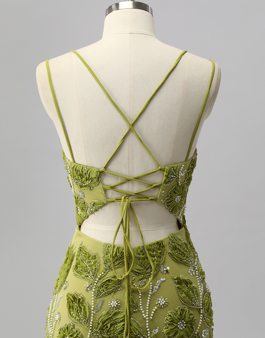 Sparkly Green Short Cut Out Tight Floral Homecoming Dress with Beading