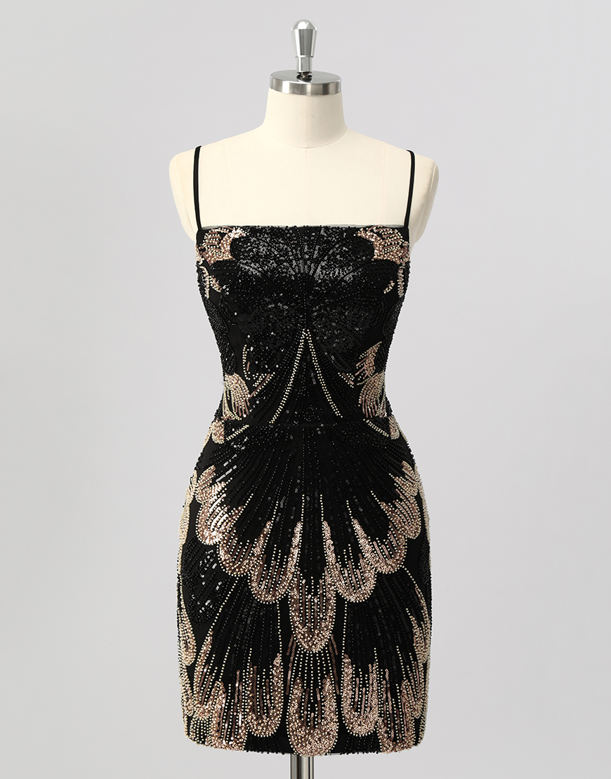 Sparkly Black Beaded Backless Tight Short Homecoming Dress