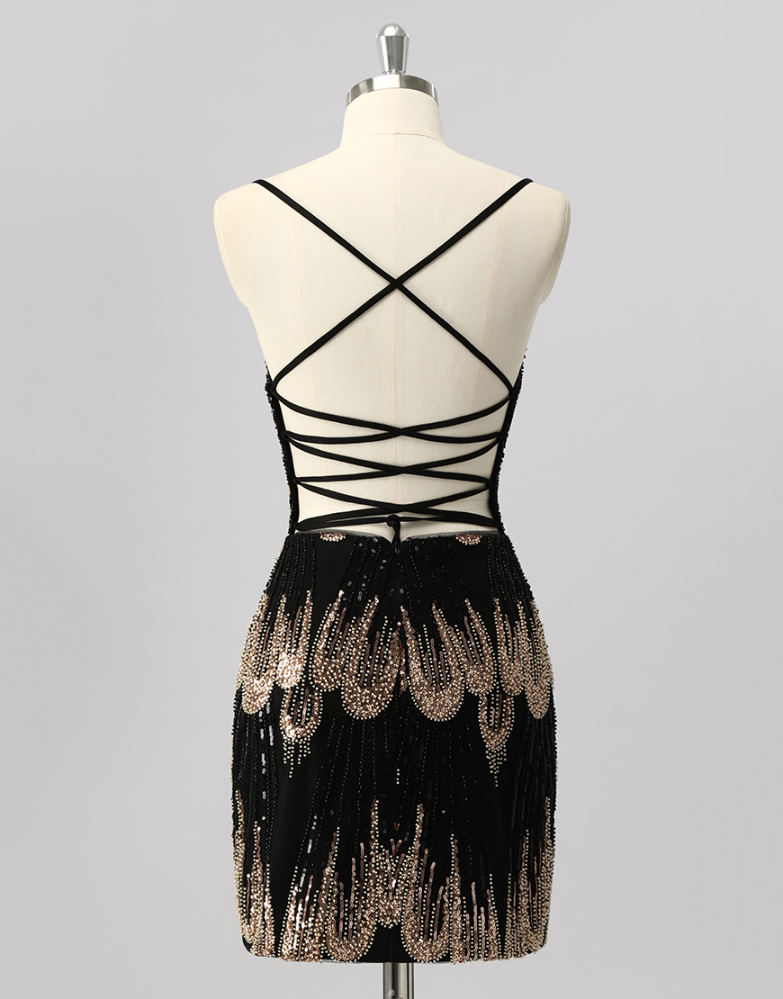 Sparkly Black Beaded Backless Tight Short Homecoming Dress