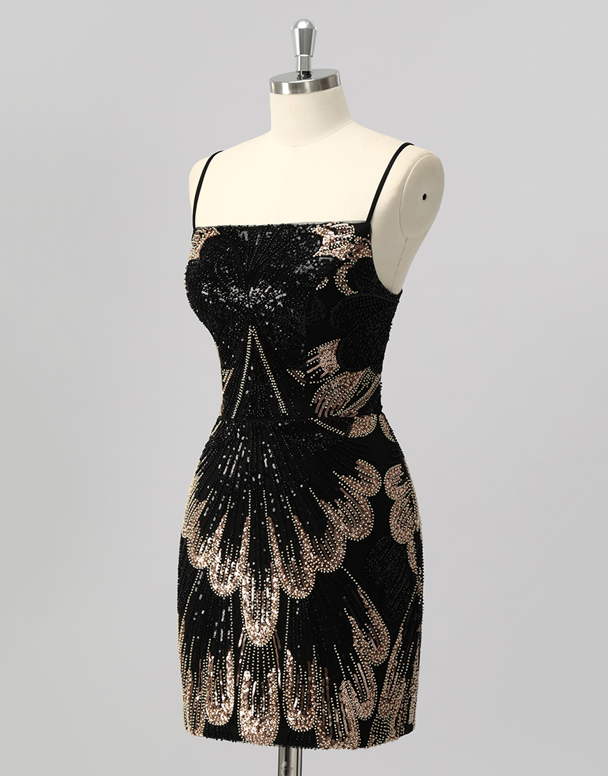 Sparkly Black Beaded Backless Tight Short Homecoming Dress