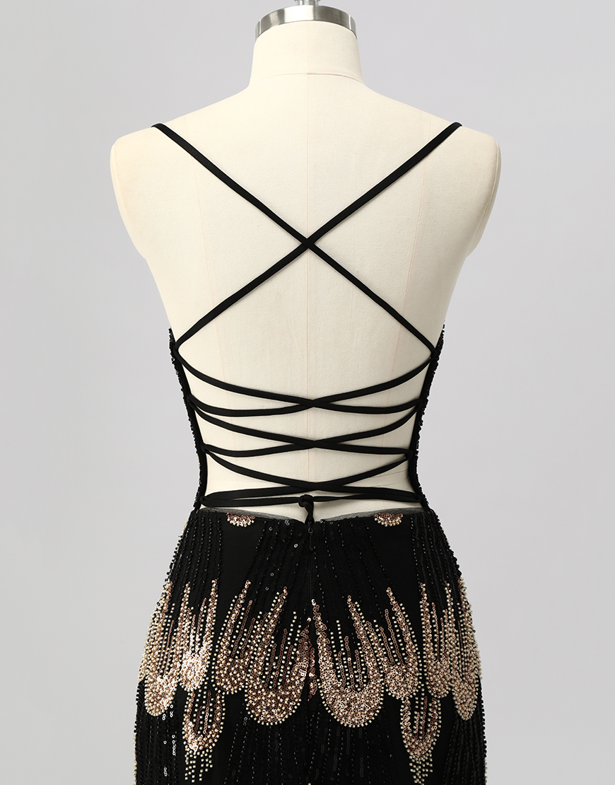 Sparkly Black Beaded Backless Tight Short Homecoming Dress