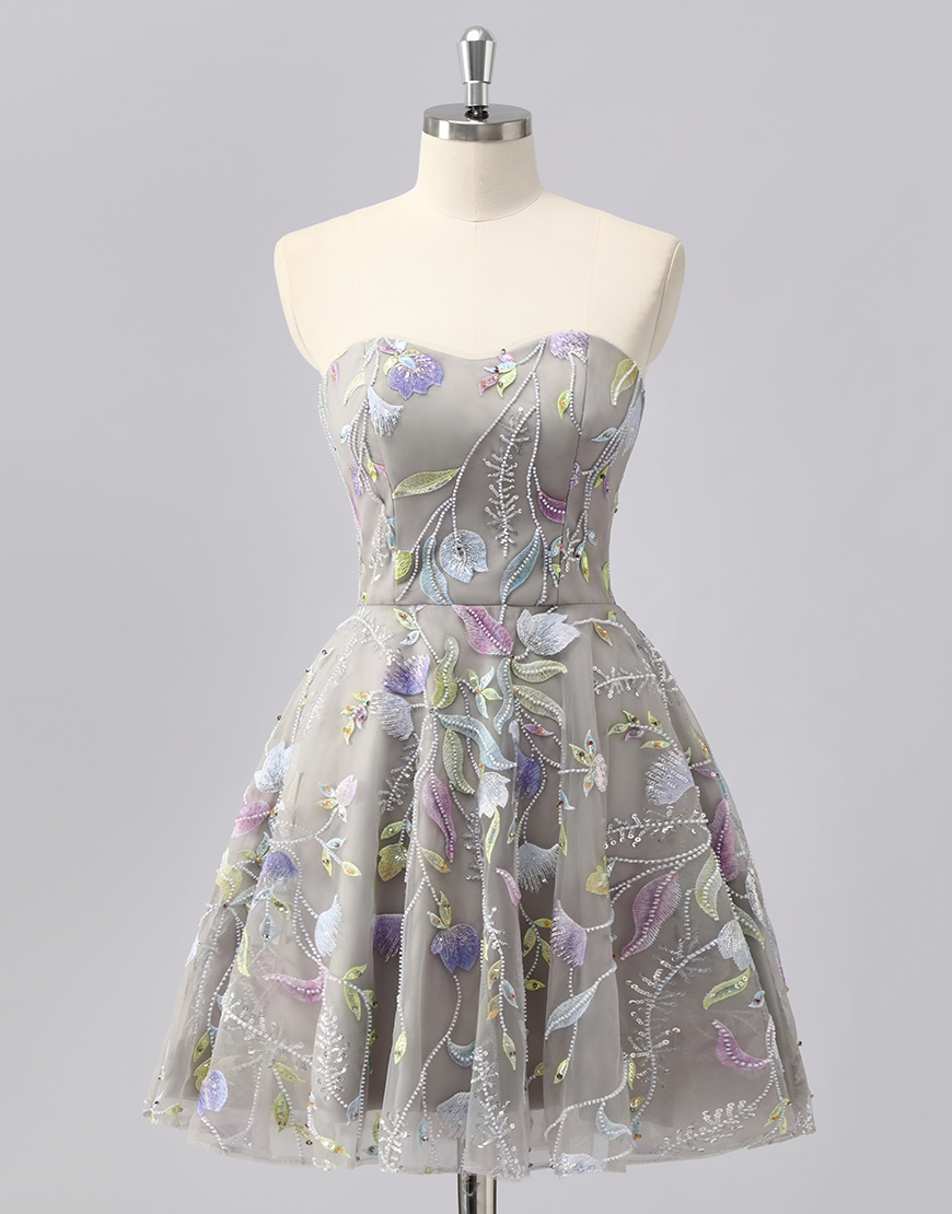 Sparkly Grey Short Sweetheart Floral Homecoming Dress with Beading