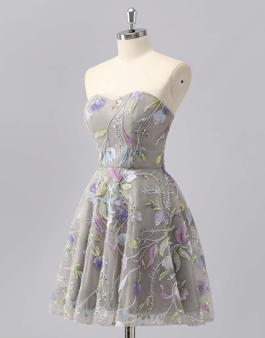 Sparkly Grey Short Sweetheart Floral Homecoming Dress with Beading