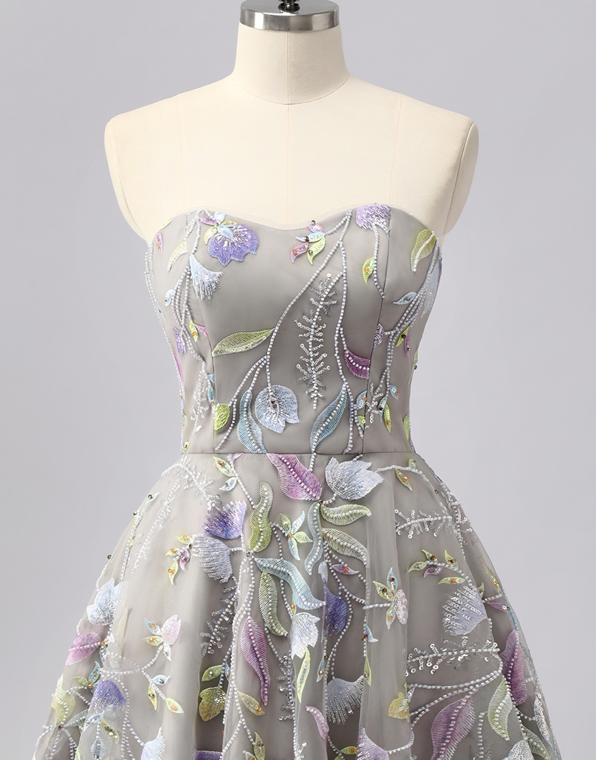 Sparkly Grey Short Sweetheart Floral Homecoming Dress with Beading