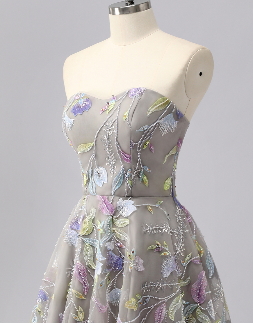 Sparkly Grey Short Sweetheart Floral Homecoming Dress with Beading