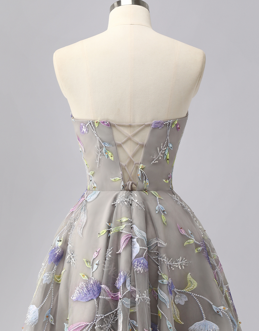 Sparkly Grey Short Sweetheart Floral Homecoming Dress with Beading