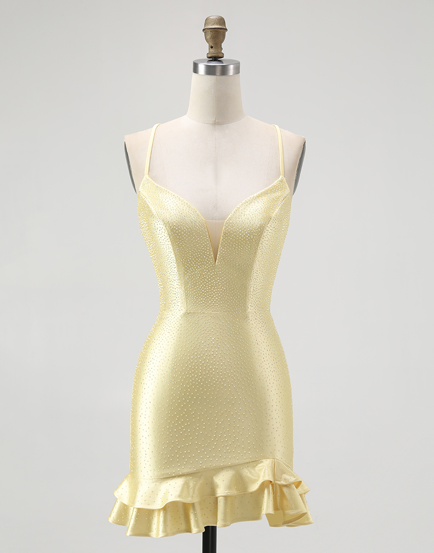 Sparkly Yellow Spaghetti Straps Ruffled Tight Short Satin Homecoming Dress with Beading