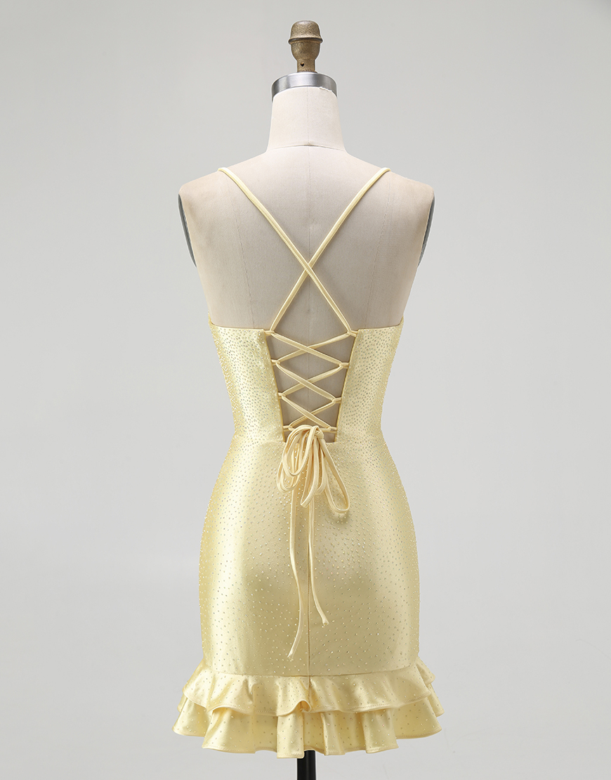 Sparkly Yellow Spaghetti Straps Ruffled Tight Short Satin Homecoming Dress with Beading
