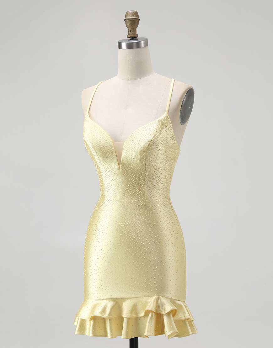 Sparkly Yellow Spaghetti Straps Ruffled Tight Short Satin Homecoming Dress with Beading