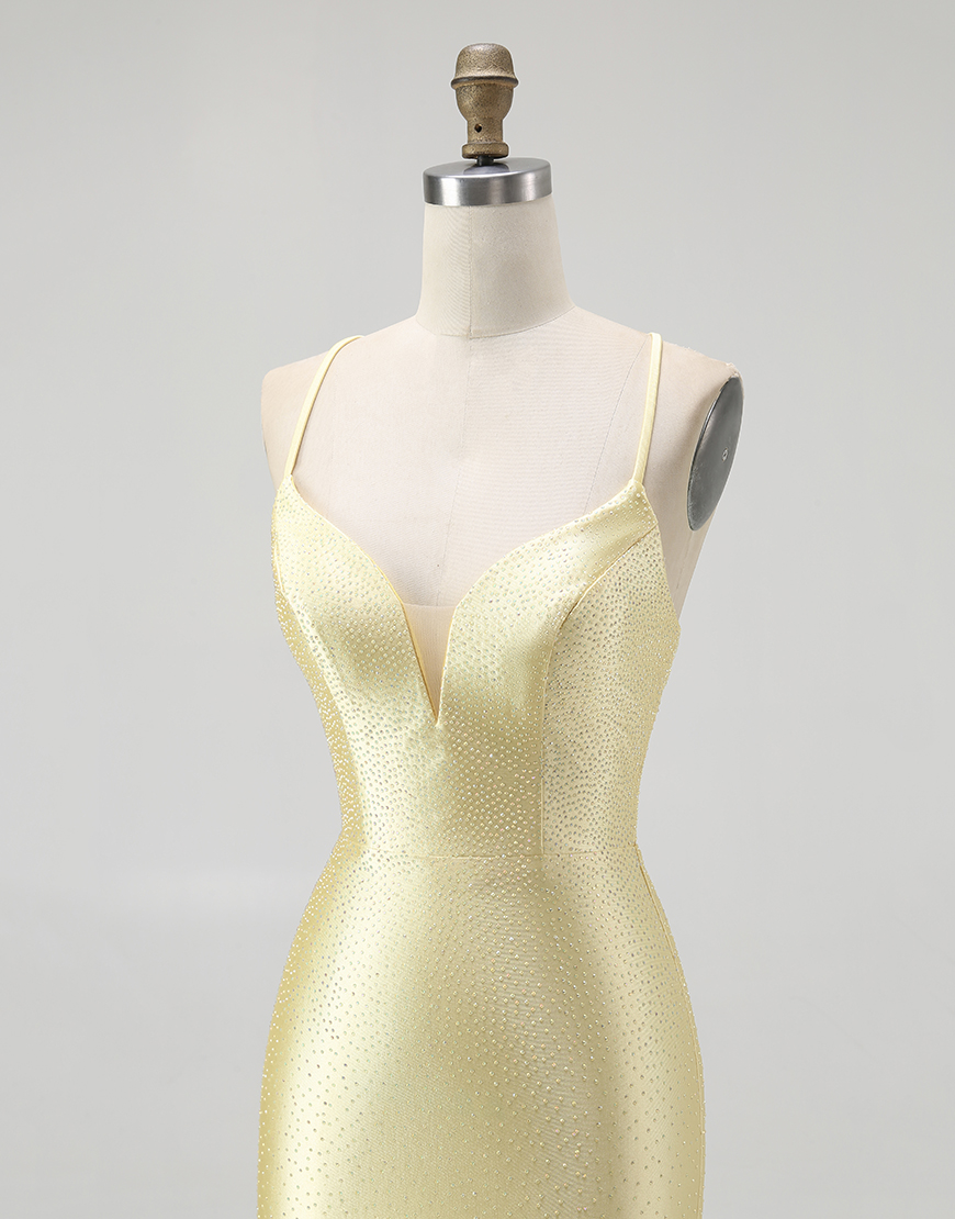 Sparkly Yellow Spaghetti Straps Ruffled Tight Short Satin Homecoming Dress with Beading