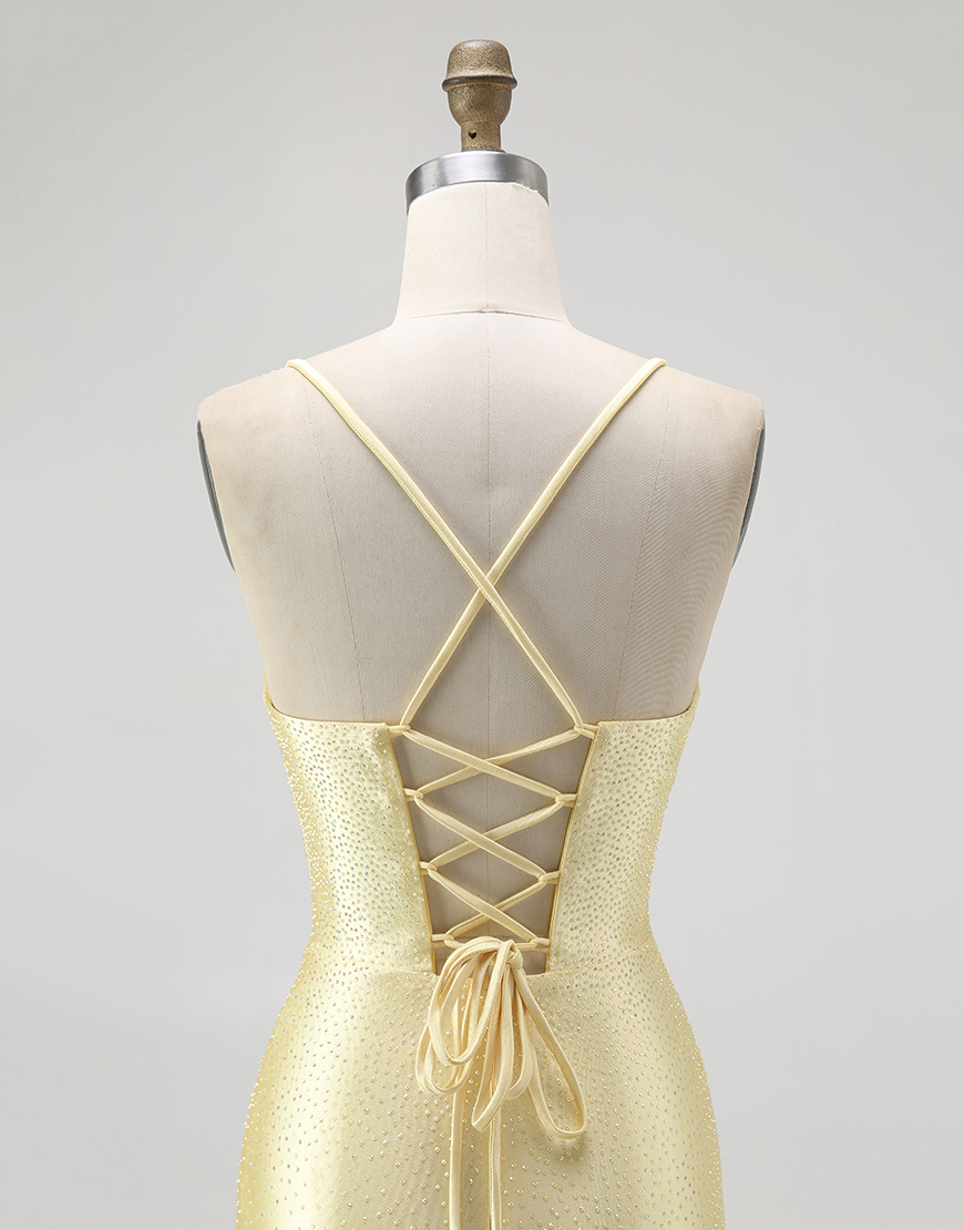 Sparkly Yellow Spaghetti Straps Ruffled Tight Short Satin Homecoming Dress with Beading