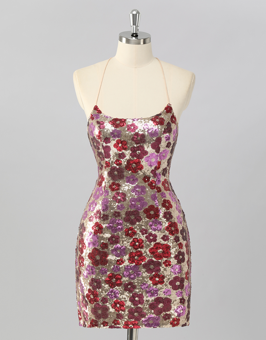 Sparkly Red Floral Short Sequin Tight Backless Homecoming Dress