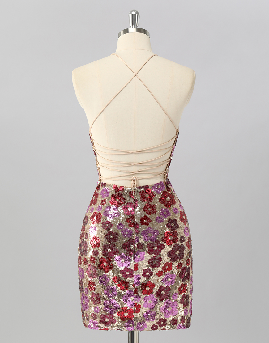 Sparkly Red Floral Short Sequin Tight Backless Homecoming Dress