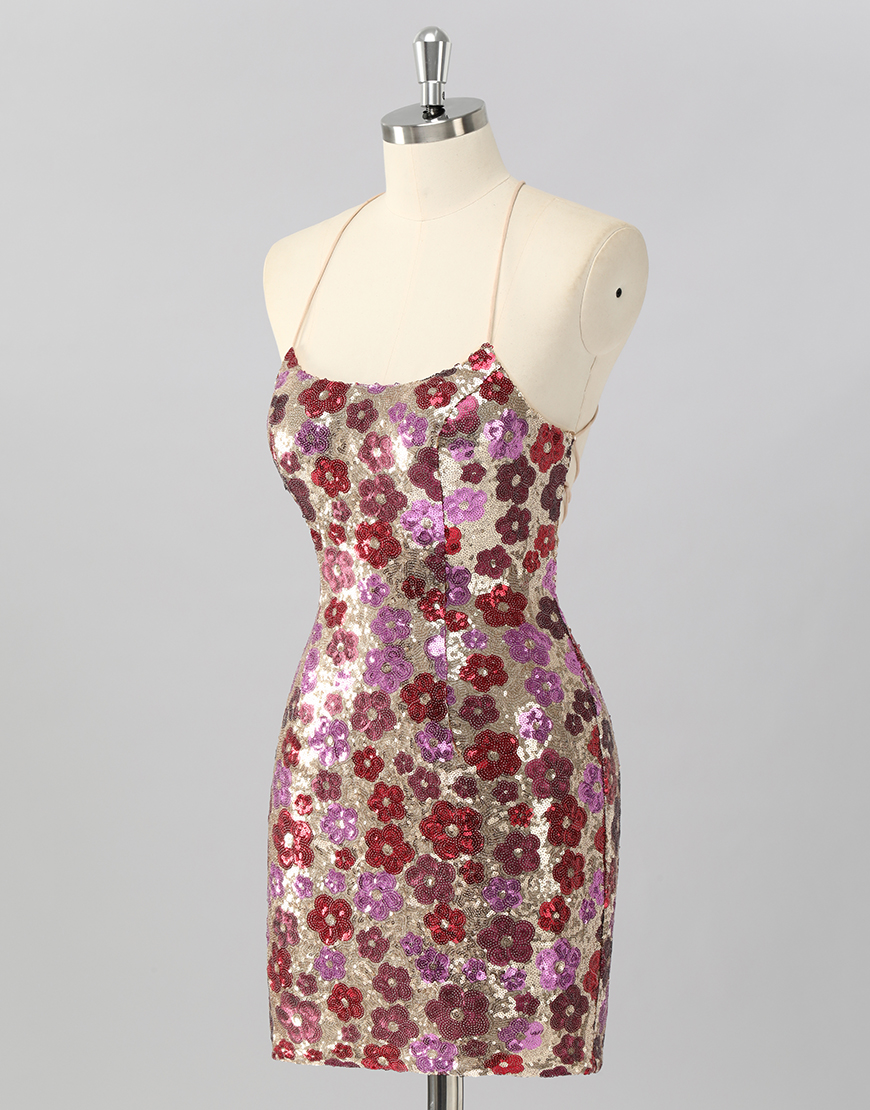 Sparkly Red Floral Short Sequin Tight Backless Homecoming Dress