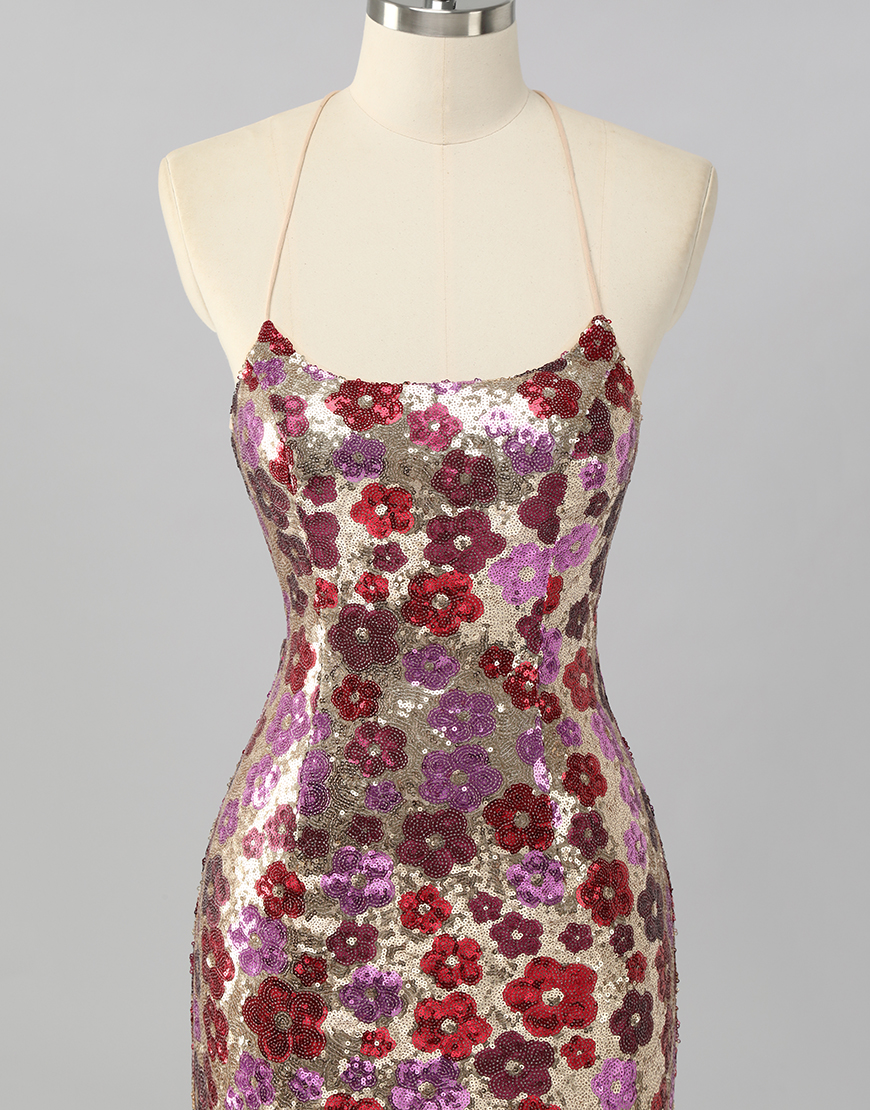 Sparkly Red Floral Short Sequin Tight Backless Homecoming Dress