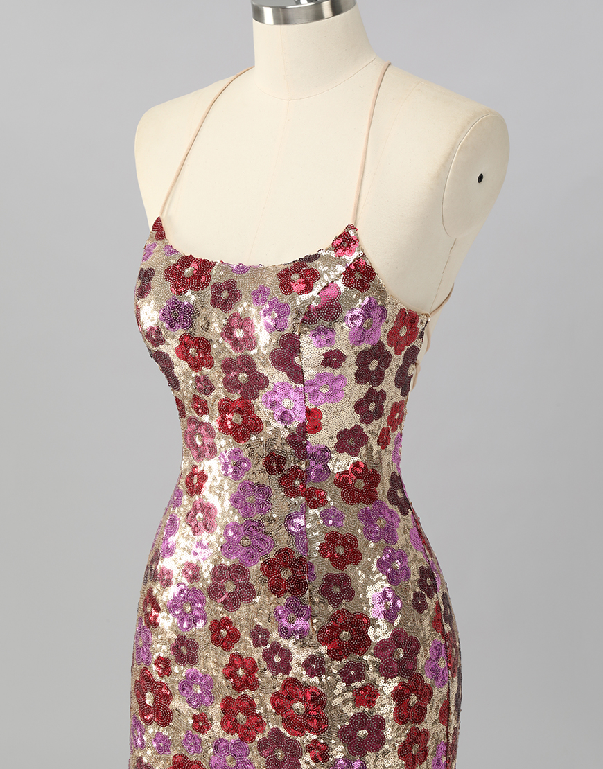 Sparkly Red Floral Short Sequin Tight Backless Homecoming Dress