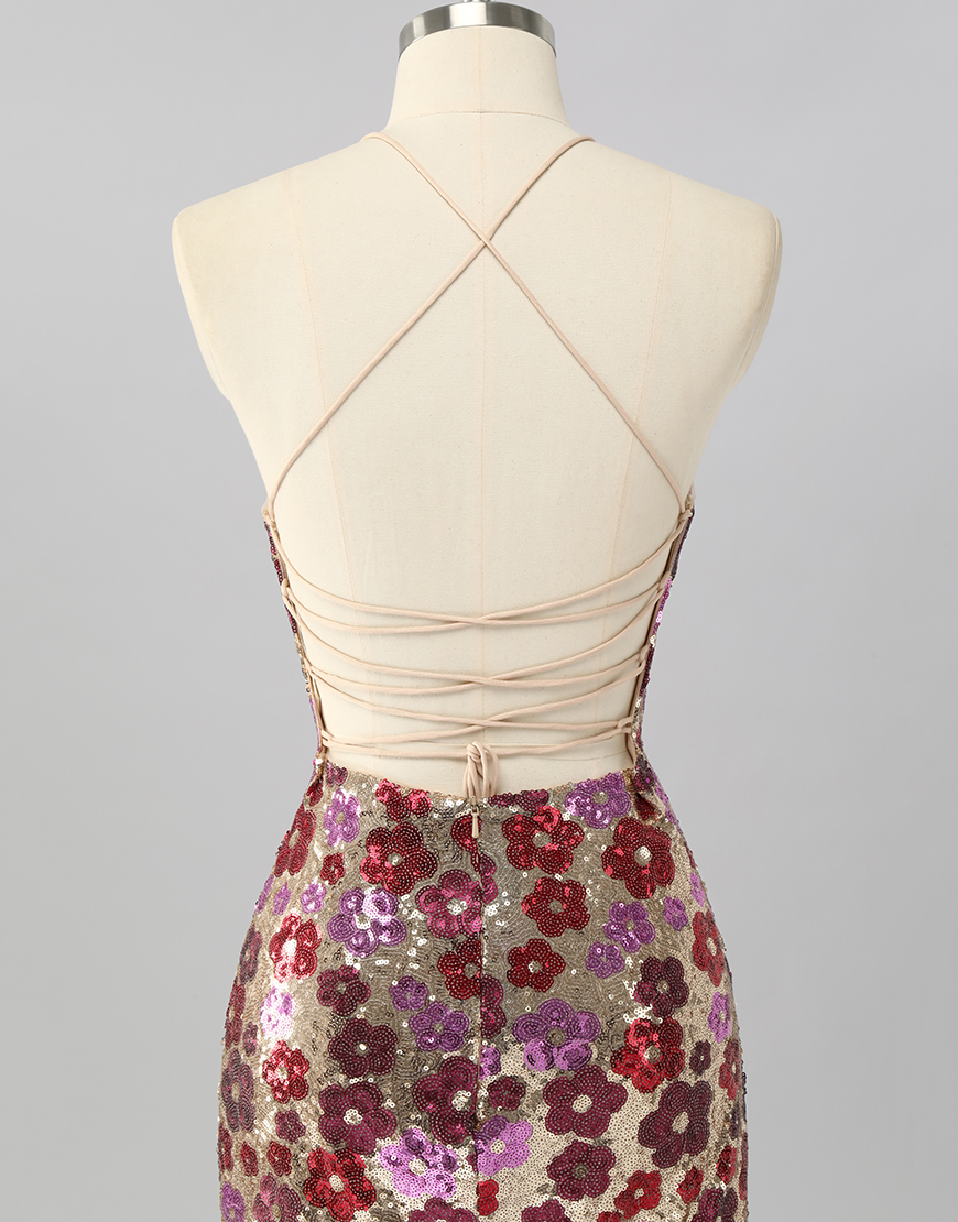 Sparkly Red Floral Short Sequin Tight Backless Homecoming Dress