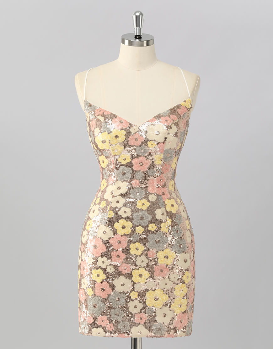 Sparkly Yellow Sequin Floral Backless Short Tight Homecoming Dress