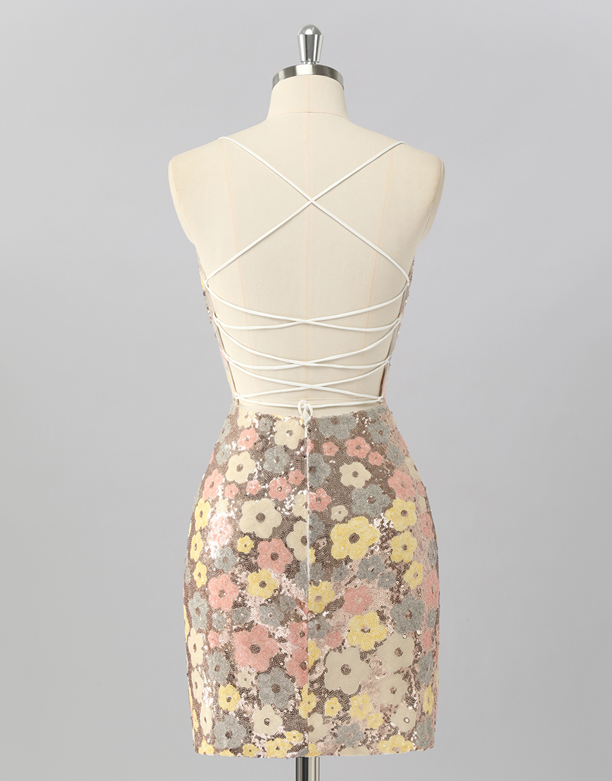 Sparkly Yellow Sequin Floral Backless Short Tight Homecoming Dress