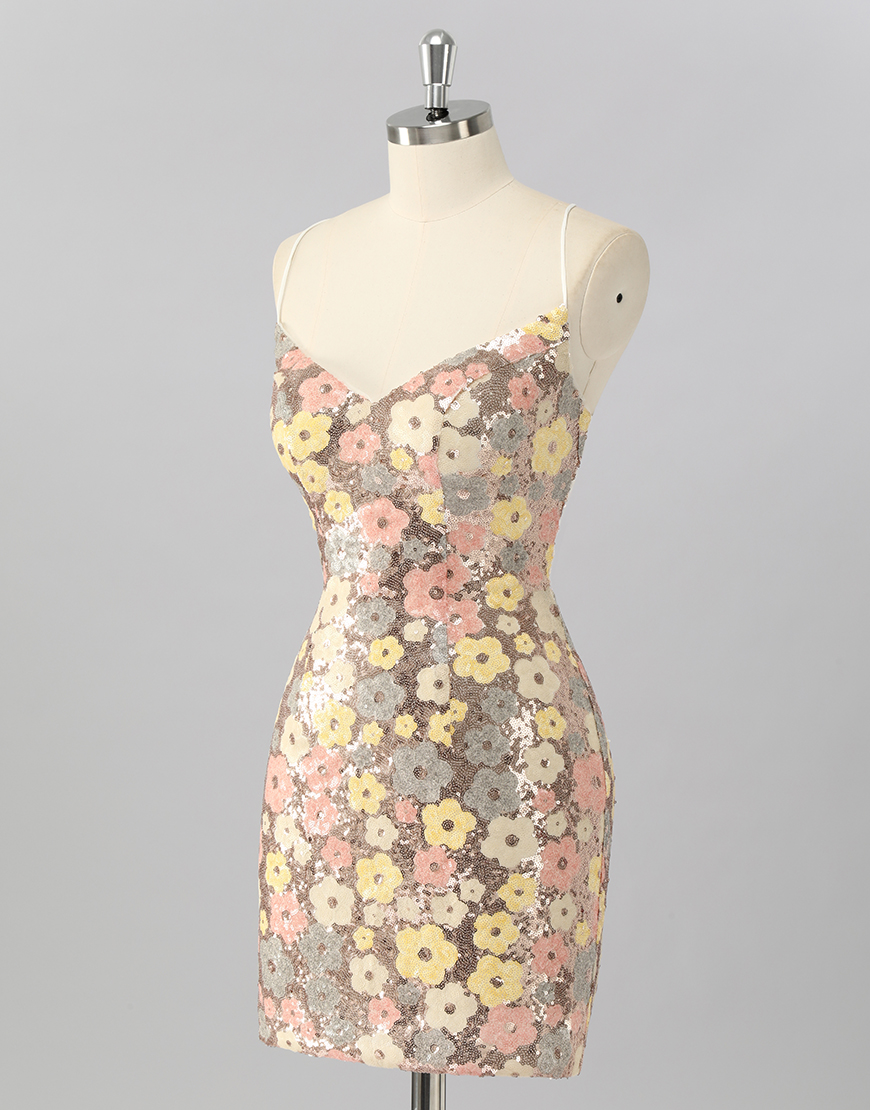 Sparkly Yellow Sequin Floral Backless Short Tight Homecoming Dress