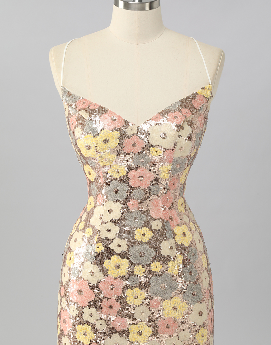 Sparkly Yellow Sequin Floral Backless Short Tight Homecoming Dress